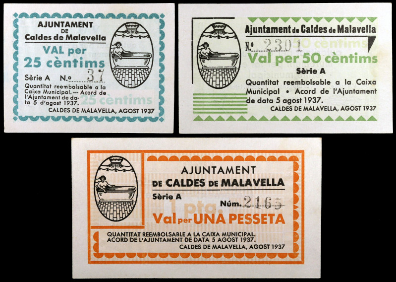 Caldes de Malavella. 25, 50 céntimos y 1 peseta. (T. 692 a 694). 3 billetes, tod...