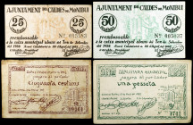 Caldes de Montbui. 25, 50 céntimos (dos) y 1 peseta. (T. 695 a 697 y 698b). 4 billetes, todos los de la localidad. BC/MBC.