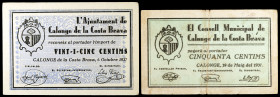 Calonge de la Costa Brava. 25 y 50 céntimos. (T. 712 y 715). 2 billetes. BC+/MBC+.