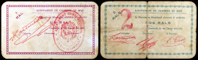 Cambrils. 1 y 2 rals. (T. 723b y 724a). 2 billetes. Escasos. BC/BC+.