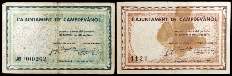 Campdevànol. 50 céntimos y 1 peseta. (T. 725 y 726). 2 billetes, todos los de la...