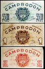 Camprodon. 50 céntimos, 1 y 2 pesetas. (T. 736 a 738). 3 billetes, serie completa. Escasos. MBC-/MBC+.