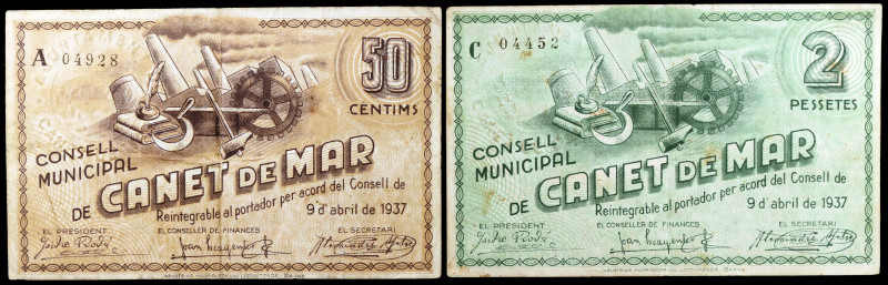 Canet de Mar. 50 céntimos y 2 pesetas. (T. 741 y 743). 2 billetes. BC+.