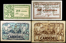 Cardedeu. 25, 50 céntimos (dos) y 1 peseta. (T. 780 a 783). 4 billetes, todos los de la localidad. Uno, nº 0092. BC/MBC+.
