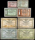 Cardona. 15, 25, 50 céntimos (tres) y 1 peseta (tres). (T. 791 a 798). 8 billetes, 3 series completas. BC/EBC.