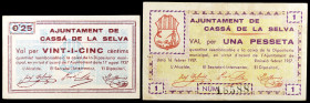 Cassà de la Selva. 25 céntimos y 1 peseta. (T. 806a y 807). 2 billetes. MBC-/MBC+.