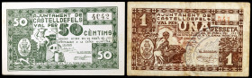 Castelldefels. 50 céntimos y 1 peseta. (T. 839 y 840a var). 2 billetes, todos los de la localidad. El de 50 céntimos sin tampón. BC/EBC.