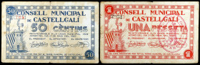 Castellgalí. 50 céntimos y 1 peseta. (T. 853d y 854). 2 billetes, serie completa. Escasos. BC/BC+.