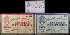 Castelló d'Empúries. 5, 50 céntimos y 1 peseta. (T. 869 a 871). 3 billetes, todos los de la localidad. BC/EBC-.