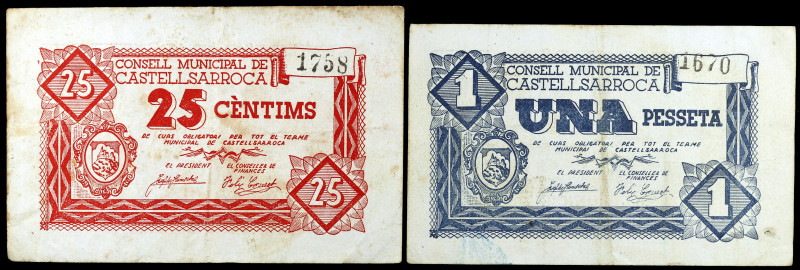 Castellsarroca. 25 céntimos y 1 peseta. (T. 884 y 885). 2 billetes, todos los de...