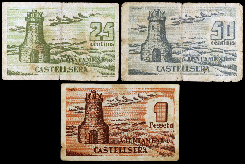 Castellserà. 25, 50 céntimos y 1 peseta. (T. 887 a 889). 3 billetes. Serie compl...