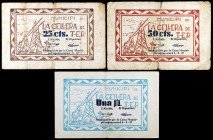 La Cellera de Ter. 25, 50 céntimos y 1 peseta. (T. 924 a 926). 3 billetes, serie completa. BC/MBC+.