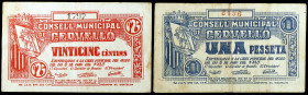 Cervelló. 25 céntimos y 1 peseta. (T. 940 y 941). 2 billetes, serie completa. Emisión "con palmera". BC/BC+.
