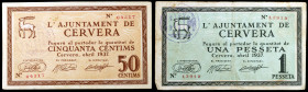 Cervera. 50 céntimos y 1 peseta. (T. 944 y 945). 2 billetes, todos los de la localidad. BC+/MBC+.