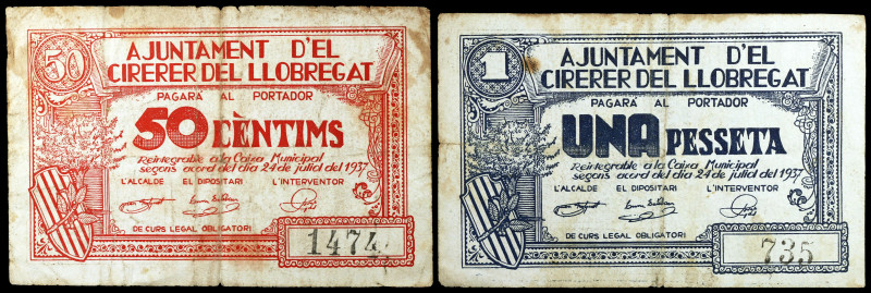 Cirerer de Llobregat. 50 céntimos y 1 peseta. (T. 957 y 958). 2 billetes. BC/BC+...