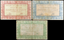 Codines del Vallès. 25, 50 céntimos y 1 peseta. (T. 978a, 979b y 980c). 3 billetes, todos los de la localidad. BC/MBC-.