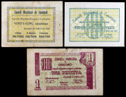 Constantí. 25, 50 céntimos y 1 peseta. (T. 1004 a 1006). 3 billetes, serie completa. Escasos. BC+/EBC.