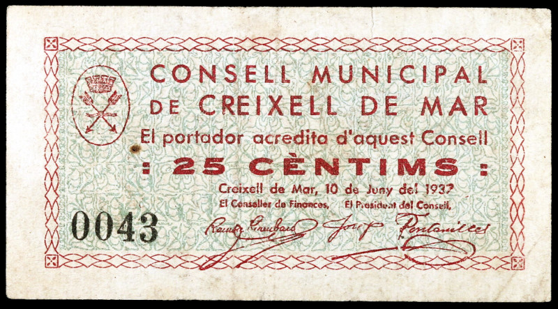 Creixell de Mar. 25 céntimos. (T. 1040). Nº 0043. Escaso. MBC-.