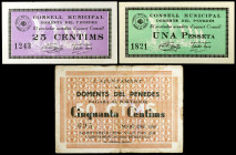 Domenys del Penedès. 25, 50 céntimos y 1 peseta. (T. 1048, 1049a y 1050). 3 billetes, una serie completa. BC/EBC.