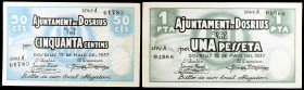 Dosrius. 50 céntimos y 1 peseta. (T. 1053a y 1054). 2 billetes, todos los de la localidad. Escasos. EBC-/EBC+.