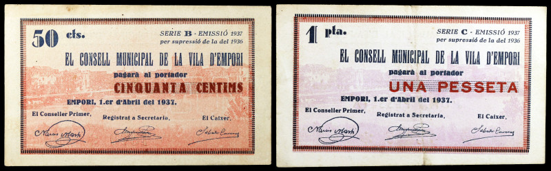 Empori. 50 céntimos y 1 peseta. (T. 1065 y 1066). 2 billetes. MBC-/MBC+.