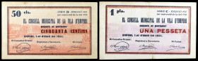 Empori. 50 céntimos y 1 peseta. (T. 1065 y 1066). 2 billetes. MBC-/MBC+.