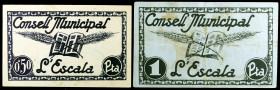 L'Escala. 50 céntimos y 1 peseta. (T. 1068a y 1069b). 2 billetes, todos los de la localidad. MBC-/EBC.