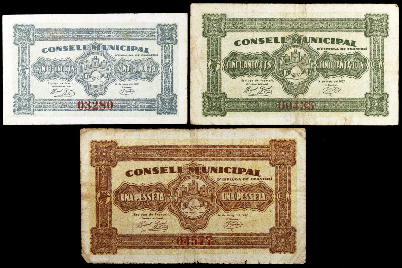 L'Espluga de Francolí. 25, 50 céntimos y 1 peseta. (T. 1092 a 1094). 3 billetes,...