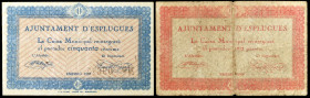 Esplugues de Llobregat. 50 céntimos y 1 peseta. (T. 1100a y 1101a). 2 billetes, todos los de la localidad. BC/MBC-.