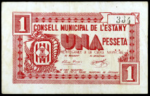 L'Estany. 1 peseta. (T. 1115). Único billete emitido por esta localidad. Nº 334. Escaso. BC+.