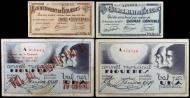 Figueres. 10, 15, 50 céntimos y 1 peseta. (T. 1172a, 1173a, 1174f y 1175). 4 billetes, todos los de la localidad. BC+/EBC+.