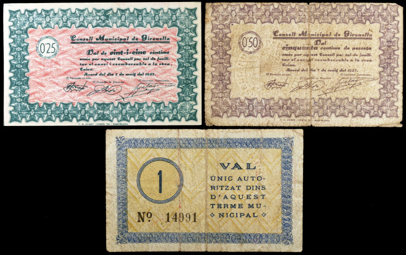 Gironella. 25, 50 céntimos y 1 peseta. (T. 1302a, 1303a y 1304). 3 billetes, ser...