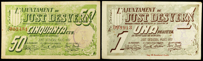 Just Desvern. 50 céntimos y 1 peseta. (T. 1484 y 1485). 2 billetes, serie comple...