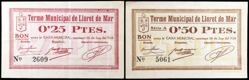 Lloret de Mar. 25 y 50 céntimos. (T. 1576a y 1577a). 2 billetes. MBC-/MBC+.