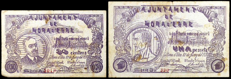 Móra d'Ebre. 50 céntimos y 1 peseta. (T. 1850 y 1851). 2 billetes, serie complet...