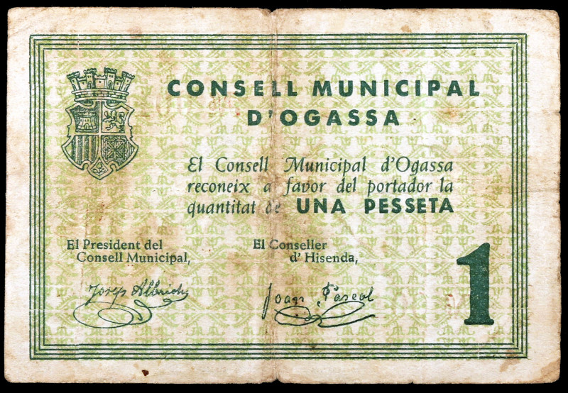 Ogassa. 1 peseta. (T. 1922). Escaso. BC.