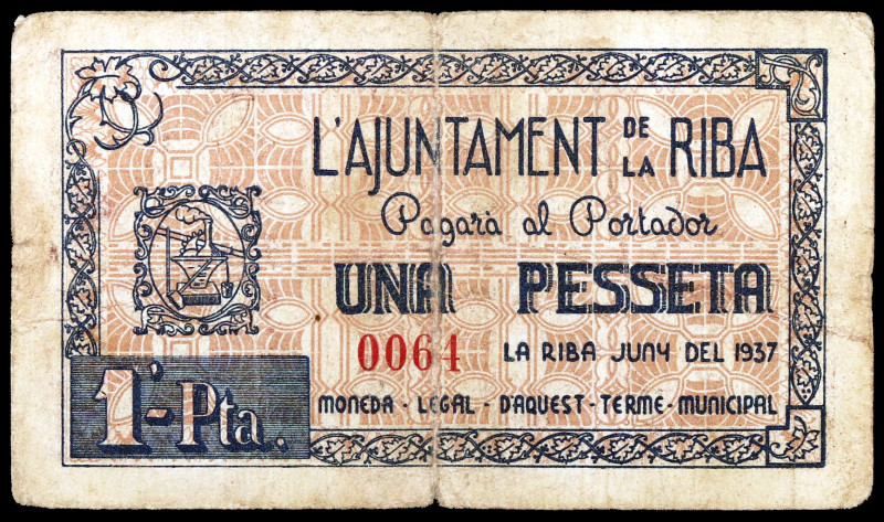 La Riba. 1 peseta. (T. 2423). Nº 0064. Escaso. BC.