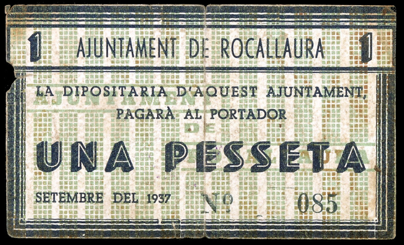 Rocallaura. 1 peseta. (T. 2521). Nº 085. Pequeña rotura. Raro. BC+.