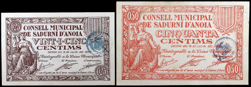 Sadurní d'Anoia. 25 y 50 céntimos. (T. 2582c y 2583b). 2 billetes. Emisión "copa...