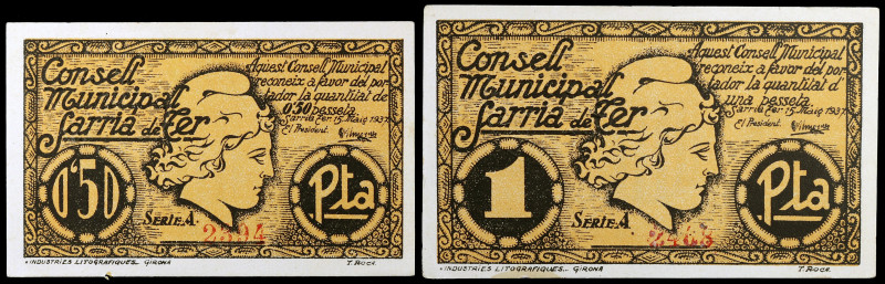 Sarrià de Ter. 50 céntimos y 1 peseta. (T. 2642 y 2643). 2 billetes, serie compl...