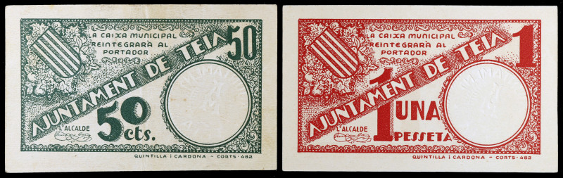 Teià. 50 céntimos y 1 peseta. (T. 2840 y 2841). 2 billetes, todos los de la loca...