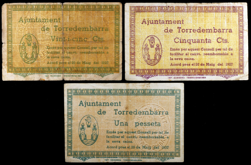 Torredembarra. 25, 50 céntimos y 1 peseta. (T. 2953b, 2954 y 2955). 3 billetes, ...