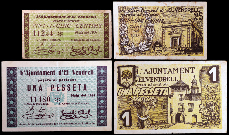 El Vendrell. 25 céntimos (dos) y 1 peseta (dos). (T. 3126a, 3127, 3128b y 3129c)...