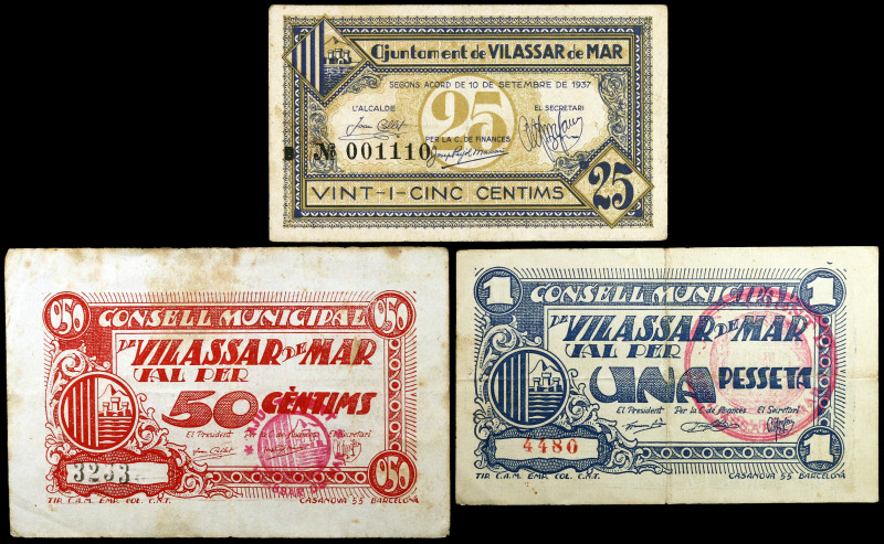 Vilassar de Mar. 25, 50 céntimos y 1 peseta. (T. 3333, 3334 y 3336). 3 billetes,...