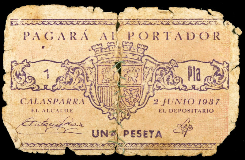 Calasparra (Murcia). 1 peseta. (KG. 208a) (C. 74) (RGH. 1405). Roto y cosido en ...