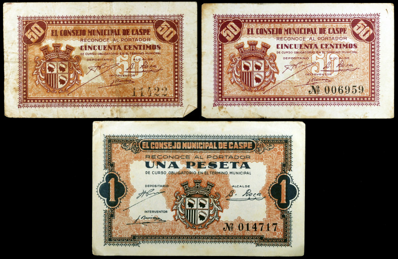 Caspe (Zaragoza). 50 céntimos (dos) y 1 peseta. (KG. 254) (RGH. 1738, 1738a y 17...