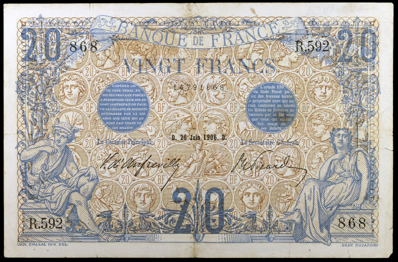 Francia. 1906. Banco de Francia. 20 francos. (Pick 68a). 26 de junio. Firmas: V....