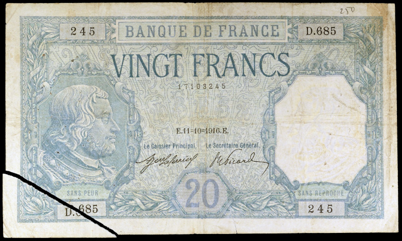 Francia. 1916. Banco de Francia. 20 francos. (Pick 74). 11 de octubre, Bayard. M...