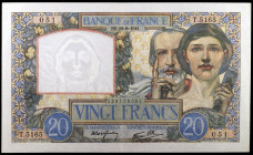 Francia. 1941. Banco de Francia. 20 francos. (Pick 92b). 28 de agosto. Doblez central, pero buen ejemplar, con apresto. Escaso. EBC-.