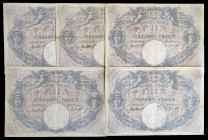 Francia. 1914 y 1915. Banco de Francia. 50 francos. (Pick 64e). 5 billetes, todos con fechas distintas. Firmas: J. Laferriere y E. Picard. BC/BC+.